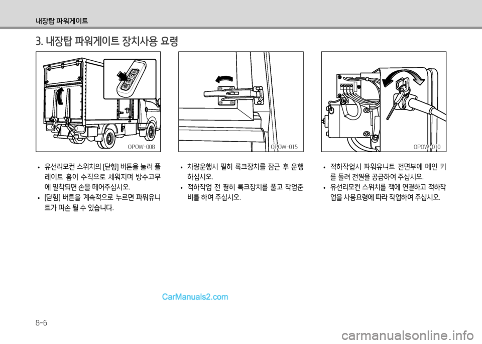 Hyundai Small Commercial Features 2015  소형상용특장 - 사용 설명서 (in Korean) 8-6
내장탑 파워게이?@
OPOW-008OPOW-008
3. 내장탑 파워게이?@ 장치사용 요령
 
• 유선리0컨
 스위치의  [닫힘 ] 버튼을  눌러  플
레이?@  홈이  .