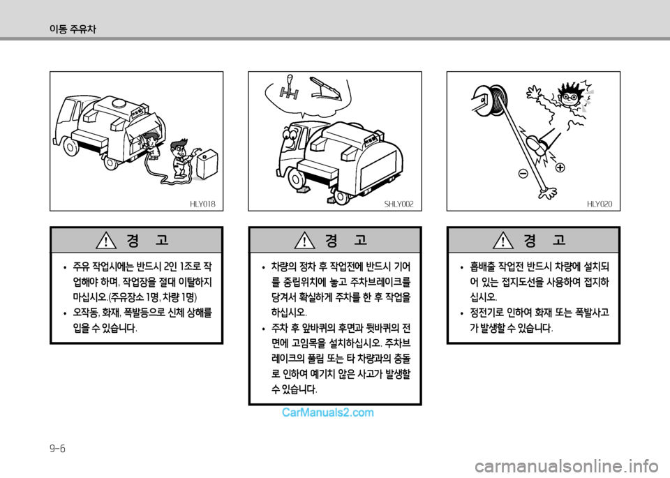 Hyundai Small Commercial Features 2015  소형상용특장 - 사용 설명서 (in Korean) 9-6
이동 주유차
HLY018HLY018SHLY002SHLY002
 
• 주유
 4업시에는  반드시  2인  1조$