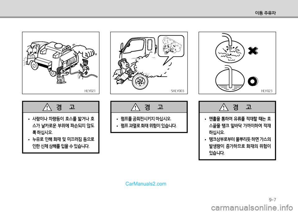 Hyundai Small Commercial Features 2015  소형상용특장 - 사용 설명서 (in Korean) 9-7
이동 주유차
HLY021HLY021SHLY003SHLY003
 
• 사람이 
 차량등이  호스를  밟거   호
스