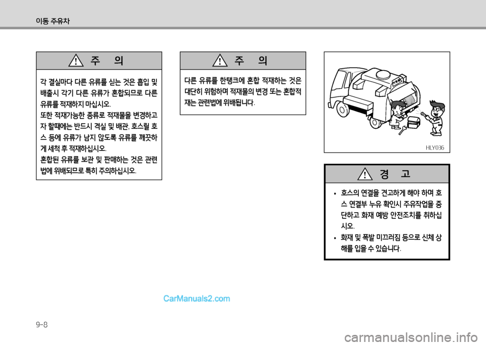 Hyundai Small Commercial Features 2015  소형상용특장 - 사용 설명서 (in Korean) 9-8
이동 주유차
HLY036HLY036
 
• 호스의
 연결을  견고하게  해야  하며  호
스  연결부  누유  B