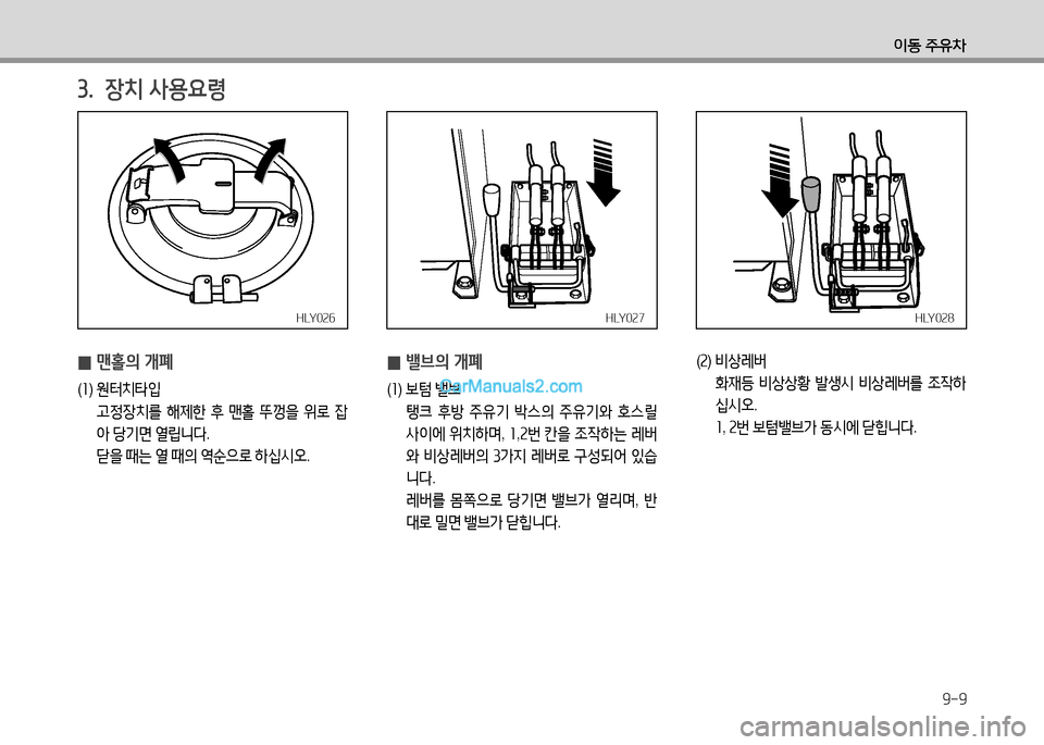 Hyundai Small Commercial Features 2015  소형상용특장 - 사용 설명서 (in Korean) 9-9
이동 주유차
HLY026HLY026HLY027HLY027HLY028HLY028
3.  장치 사용요령
 
0 맨홀의 개폐
(
소 )  원터치타4
  고정장치를  해제한  후  맨홀  뚜껑을  위$