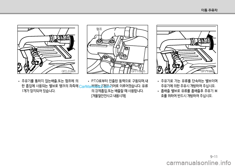 Hyundai Small Commercial Features 2015  소형상용특장 - 사용 설명서 (in Korean) 9-11
이동 주유차
OPT-FU004OPT-FU004
 
• 주유기를
 통하지  않는배출 ,또는  펌프에  의
한  흡4
에  사용되는  밸브$