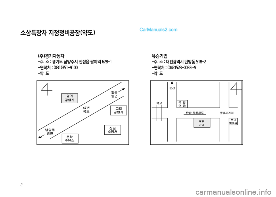 Hyundai Small Commercial Features 2015  소형상용특장 - 사용 설명서 (in Korean) 2
(주)경기4동차  
-주  소 : 경기도 남양주시 진접읍 팔2리 작28-1 -연락처 : (031)3자1-9100-2  도유승기업  
-주  소 : 대전광역시 탄방동 자18-2-연락처 : (042)