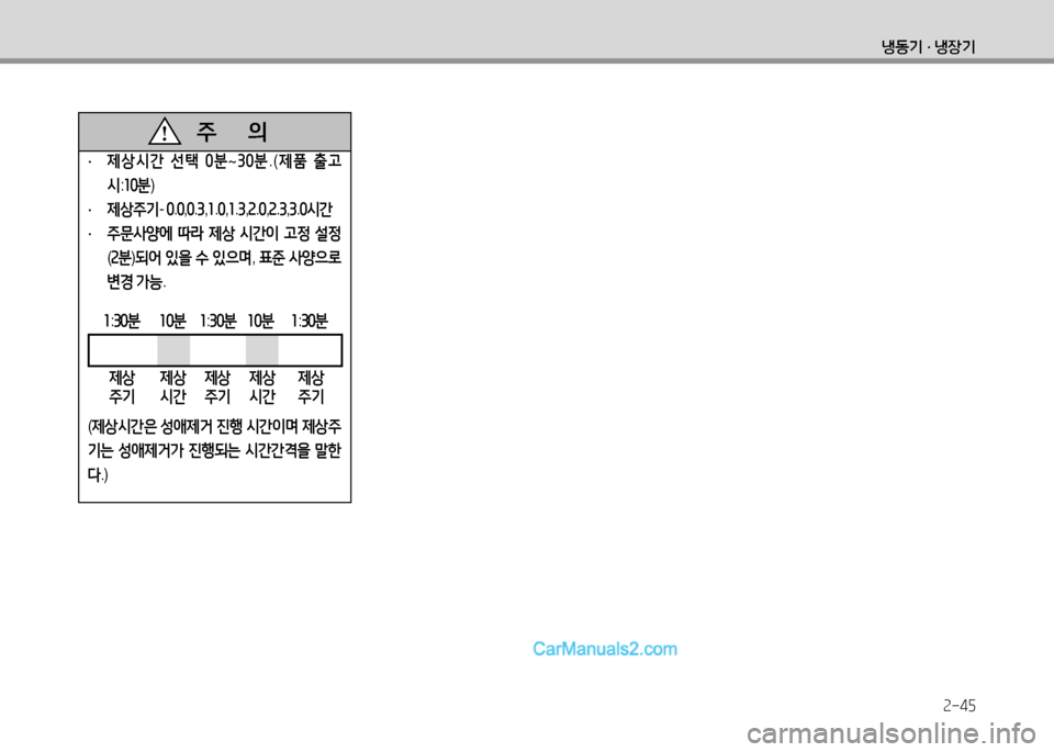 Hyundai Small Commercial Features 2015  소형상용특장 - 사용 설명서 (in Korean) 2-45
냉동기 · 냉장기
·   제상/d간  선=e  0분 ~30분 .(제품  출고  
/d :소0분 )
·   제상주기 - 0.0 ,0 .3 ,소 .0 ,소 .3 ,속 .0 ,속 .3 ,3 .0/d간
·    주문-4양에  !