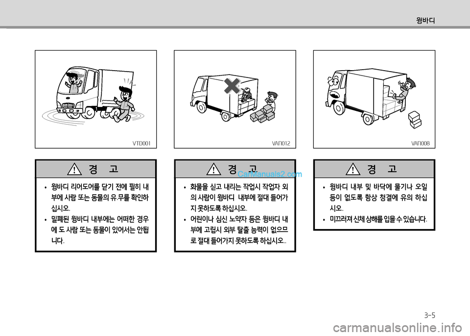 Hyundai Small Commercial Features 2015  소형상용특장 - 사용 설명서 (in Korean) 윙바디
3-5
VTD001VTD001
 
•  
윙바디  리어도어를  닫기  전에  필히  내
부에  사람  또는  동물의  유 .무를  B
