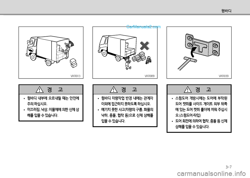 Hyundai Small Commercial Features 2015  소형상용특장 - 사용 설명서 (in Korean) 윙바디
3-7
VAN013VAN013
 
•  
윙바디  내부에  오르내릴  때는  안전에  
주의  하/u/d오 .
 
•  
미끄러짐 , !상 , 이물체에  의한  신체  상
해를  4
을  수  있