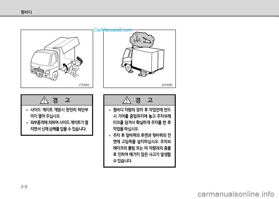 Hyundai Small Commercial Features 2015  소형상용특장 - 사용 설명서 (in Korean) 3-8
윙바디
VTD002VTD002
 
•  
사이드  게이?@  개방/d  완전히  하단부
까지  열어  주/u/d오 .
 
•  
외부충1에  의하2t  사이드  게이?@