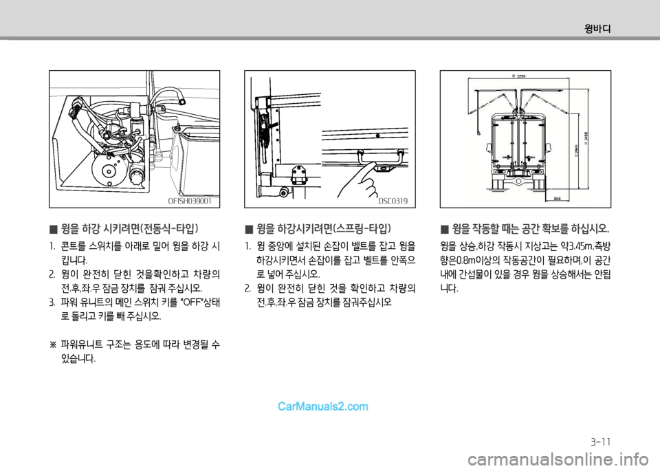 Hyundai Small Commercial Features 2015  소형상용특장 - 사용 설명서 (in Korean) 윙바디
3-11
OFISH039001OFISH039001
 
0  
윙을 하강 /d키$