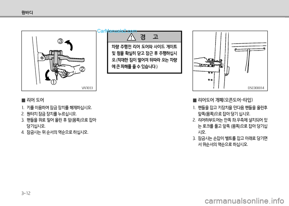 Hyundai Small Commercial Features 2015  소형상용특장 - 사용 설명서 (in Korean) 3-12
윙바디
VAN033VAN033
 
0 리어 도어
좌
.  키를  이용하2t  4(