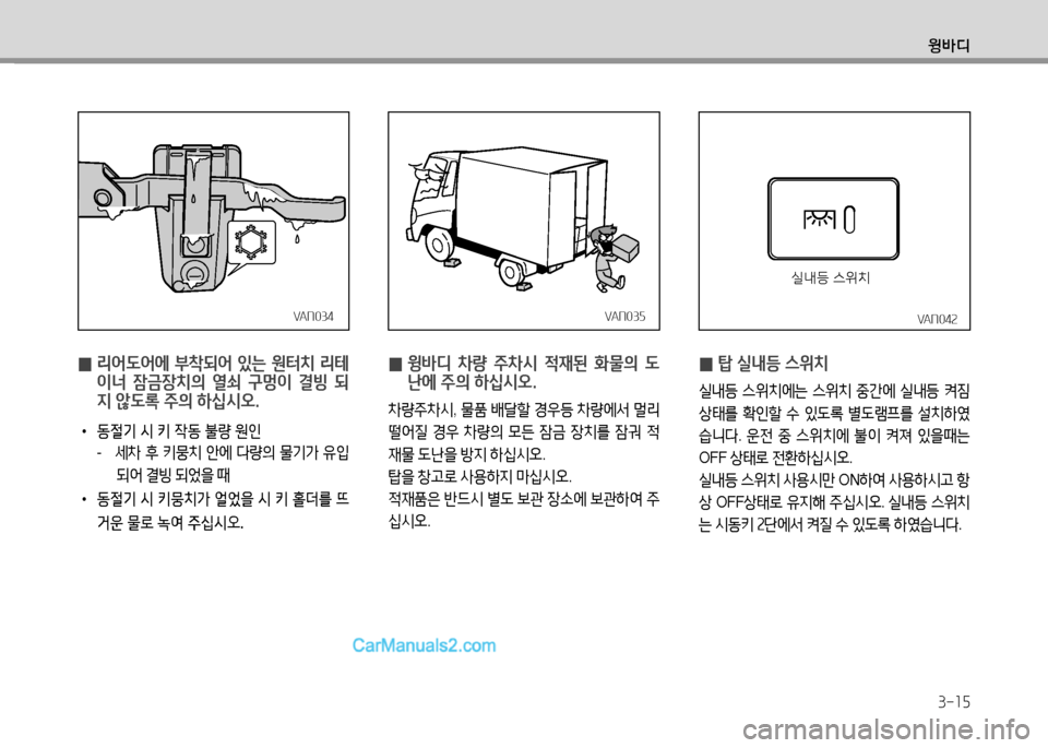 Hyundai Small Commercial Features 2015  소형상용특장 - 사용 설명서 (in Korean) 윙바디
3-15
 
0  
리어도어에 부8