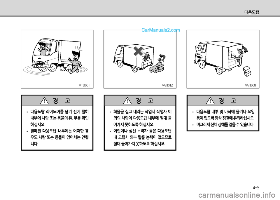 Hyundai Small Commercial Features 2015  소형상용특장 - 사용 설명서 (in Korean) l용도탑
4-5
VTD001VTD001
 
•  
l용도탑  리어도어를  닫기  전에  필히  
내부에  사람  또는  동물의  유 , 무를  B