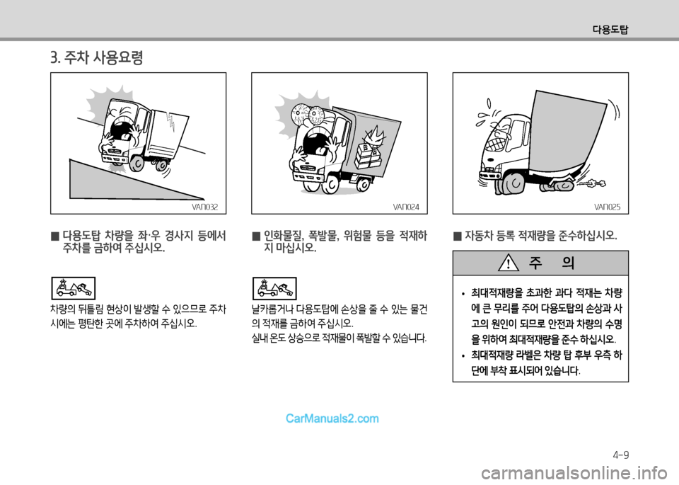 Hyundai Small Commercial Features 2015  소형상용특장 - 사용 설명서 (in Korean) l용도탑
4-9
3. 주8