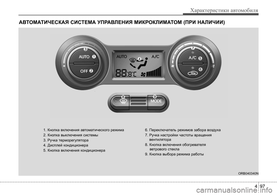 Hyundai Solaris 2013  Инструкция по эксплуатации (in Russian) 4 97
Характеристики автомобиля
АВТОМАТИЧЕСКАЯ СИСТЕМА УПРАВЛЕНИЯ МИКРОКЛИМАТОМ (ПРИ НАЛИЧИИ)
1. Кнопка включе