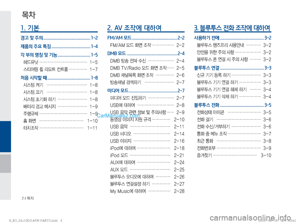 Hyundai Solati 2016  쏠라티 표준4 내비게이션 (in Korean) ���*�~0
1. 기본
경고 및 주의 .............................................. 1-2
제품의 주요 특징 ...................................... 1-4
각 부의 명칭 및 기능 ............