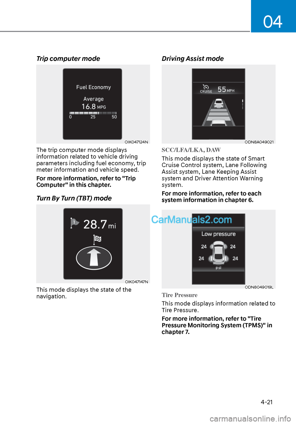 Hyundai Sonata 2020  Owners Manual 04
4-21
Trip computer mode
OIK047124NOIK047124N
The trip computer mode displays 
information related to vehicle driving 
parameters including fuel economy, trip 
meter information and vehicle speed.
F