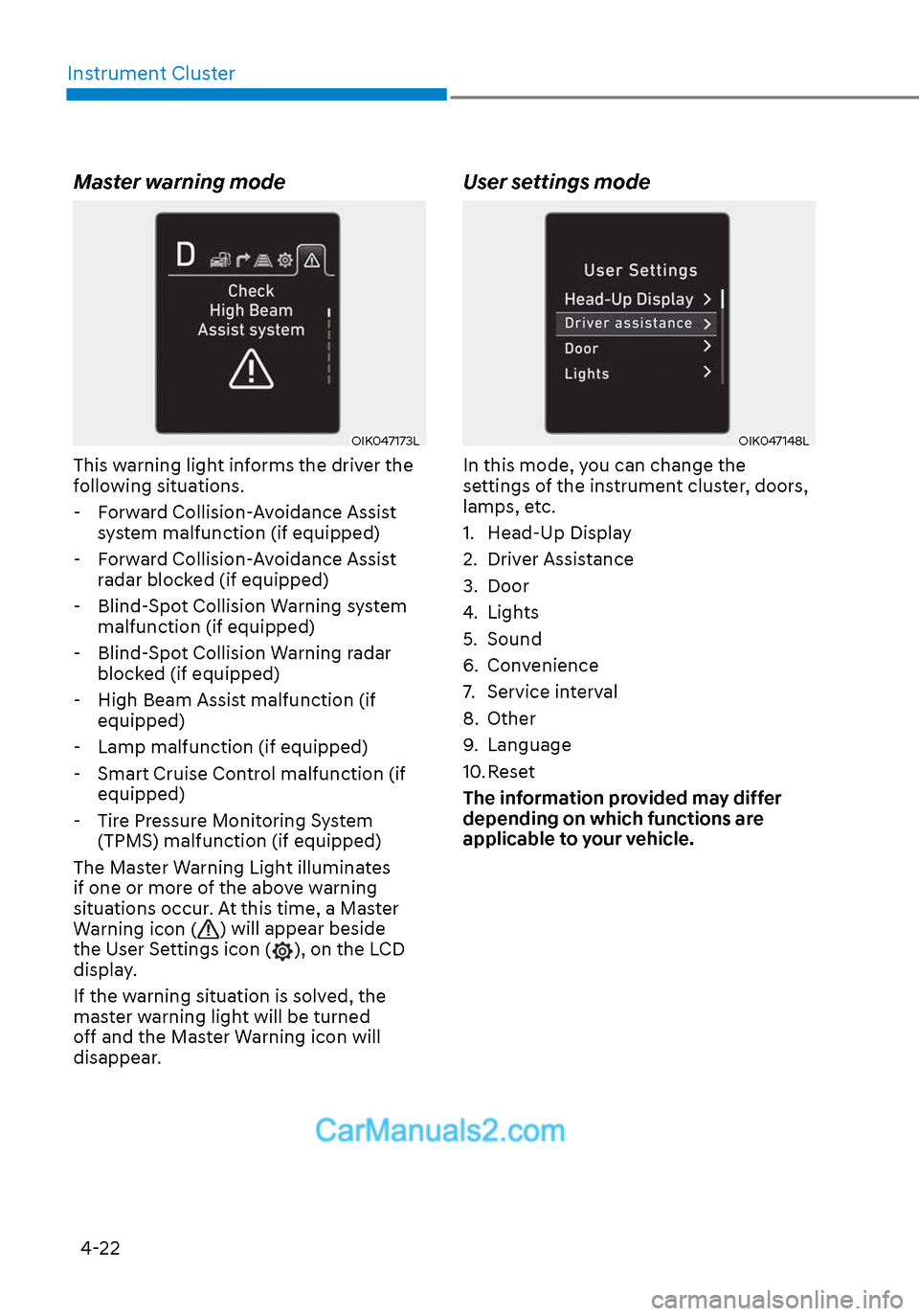 Hyundai Sonata 2020  Owners Manual Instrument Cluster4-22
Master warning mode
OIK047173LOIK047173L
This warning light informs the driver the 
following situations. - Forward Collision-Avoidance Assist  system malfunction (if equipped)
