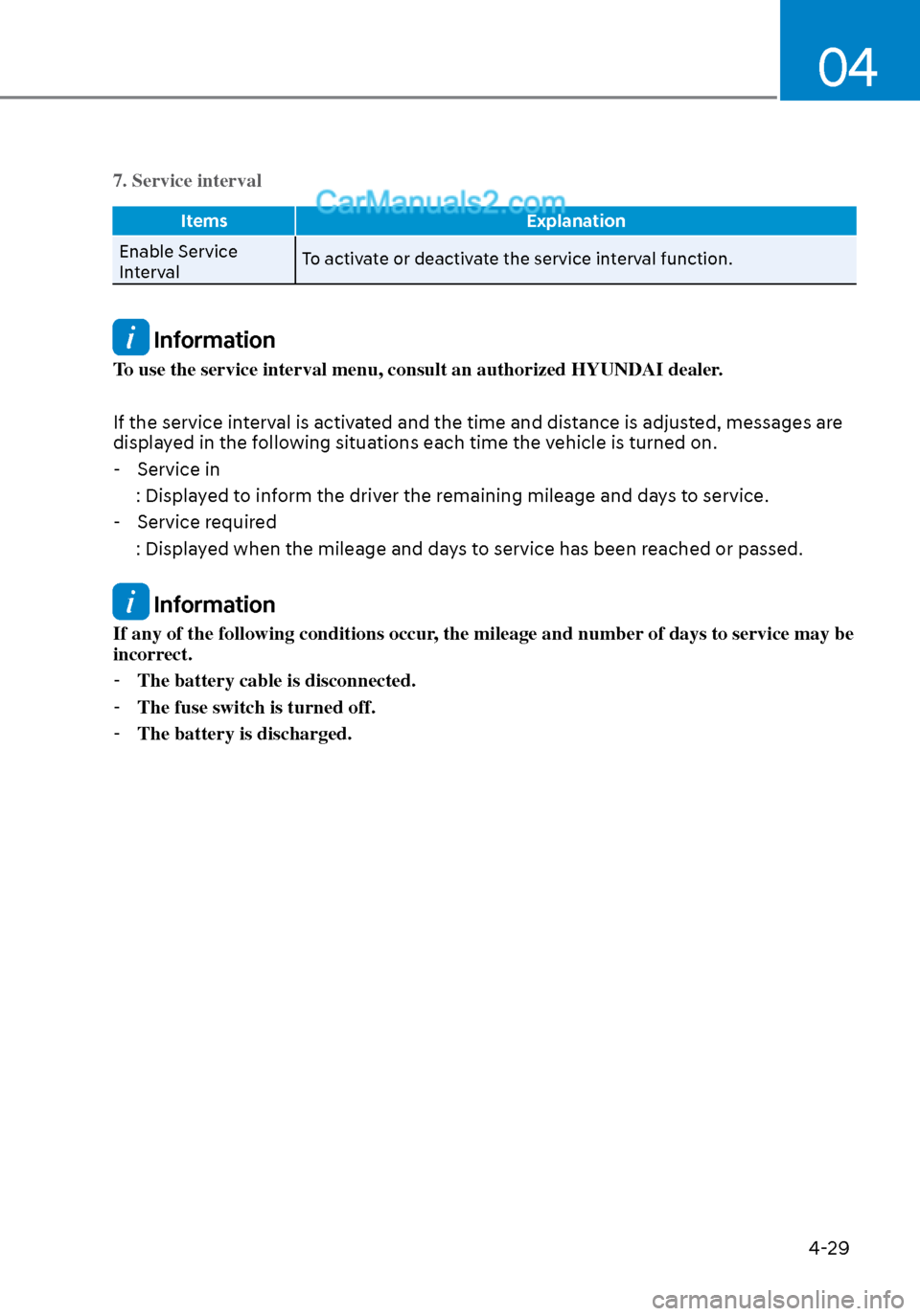 Hyundai Sonata 2020  Owners Manual 04
4-29
7. Service interval
ItemsExplanation
Enable Service 
Int
 erval To activate or deactivate the service interval function.
 Information
To use the service interval menu, consult an authorized HY