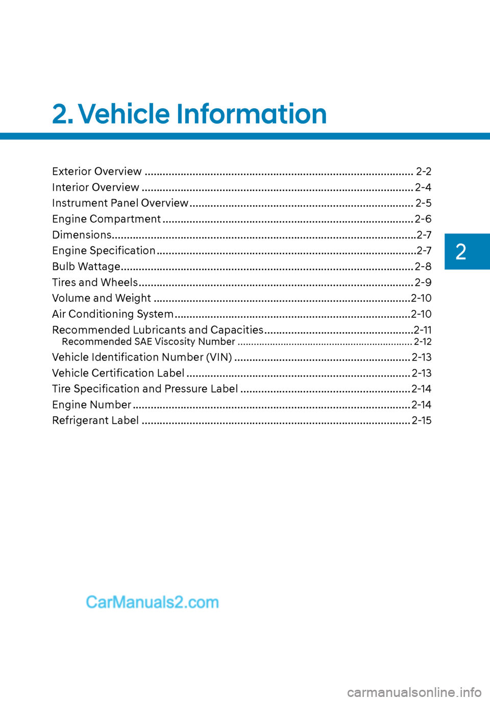 Hyundai Sonata 2020 User Guide 2
2. Vehicle  Information
Vehicle Information
Exterior Overview ........................................................................\
..................2-2
Interior Overview
 .....................