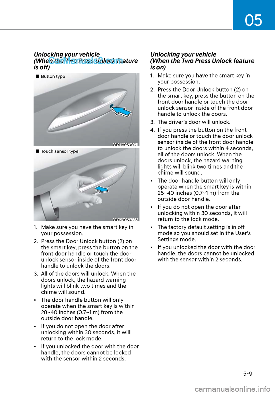 Hyundai Sonata 2020  Owners Manual 05
5-9
Unlocking your vehicle
(When the Two Press Unlock feature 
is off)
Button typeButton type
ODN8059001ODN8059001
Touch sensor typeTouch sensor type
ODN8059235ODN8059235
1.