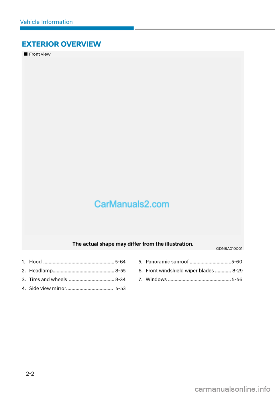 Hyundai Sonata 2020  Owners Manual 2-2
Vehicle Information
EXTERIOR OVERVIEW
Front view
The actual shape may differ from the illustration.ODN8A019001
1. Hood  .....................................................5-64
2. Headlamp ..