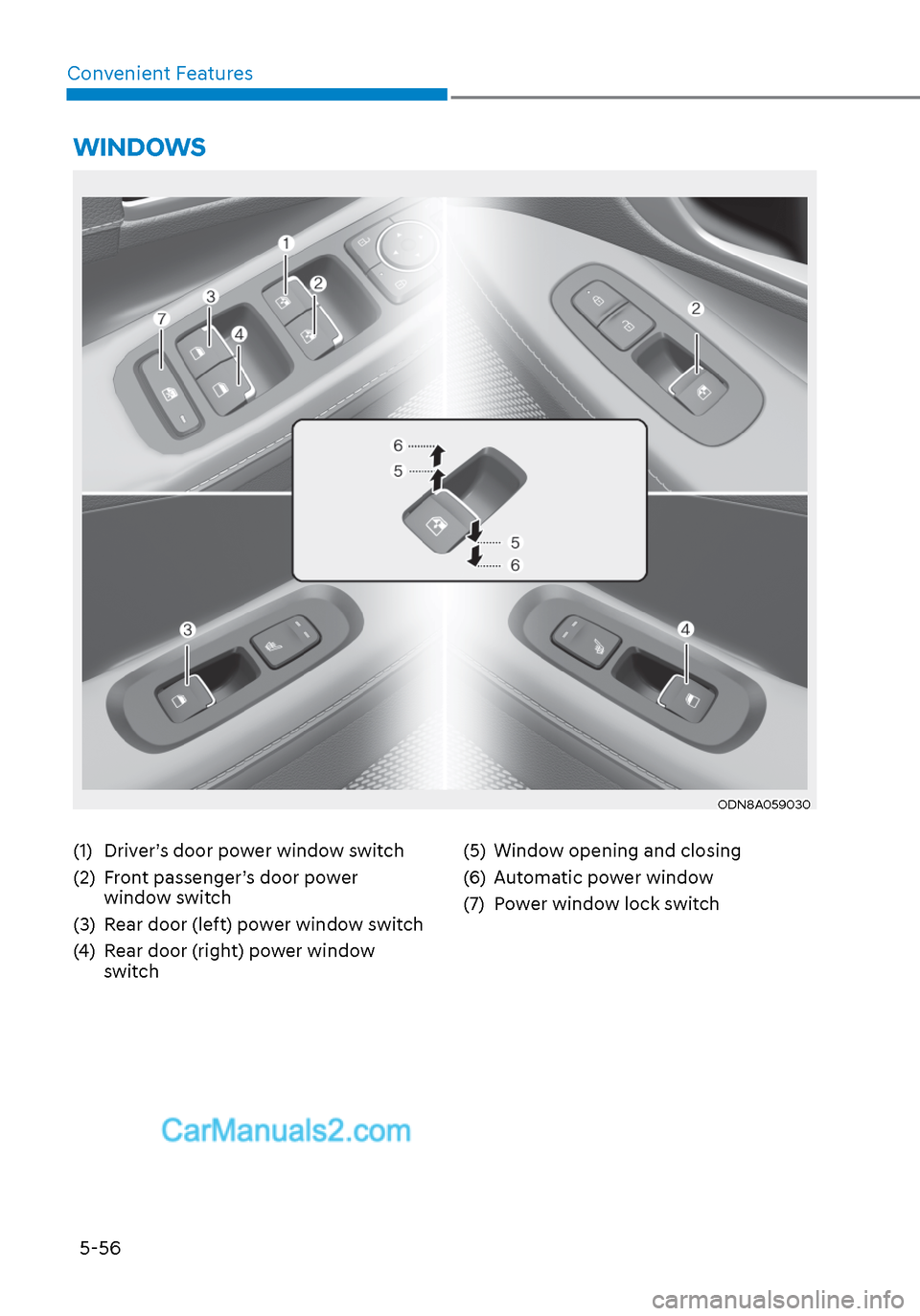Hyundai Sonata 2020 Owners Manual 5-56
Convenient Features
(1) Driver’s door power window switch
(2) Front passenger’s door power
window switch
(3) Rear door (left) power window switch
(4) Rear door (right) power window swit Hyundai Sonata 2020 Owners Manual 5-56
Convenient Features
(1) Driver’s door power window switch
(2) Front passenger’s door power
window switch
(3) Rear door (left) power window switch
(4) Rear door (right) power window swit