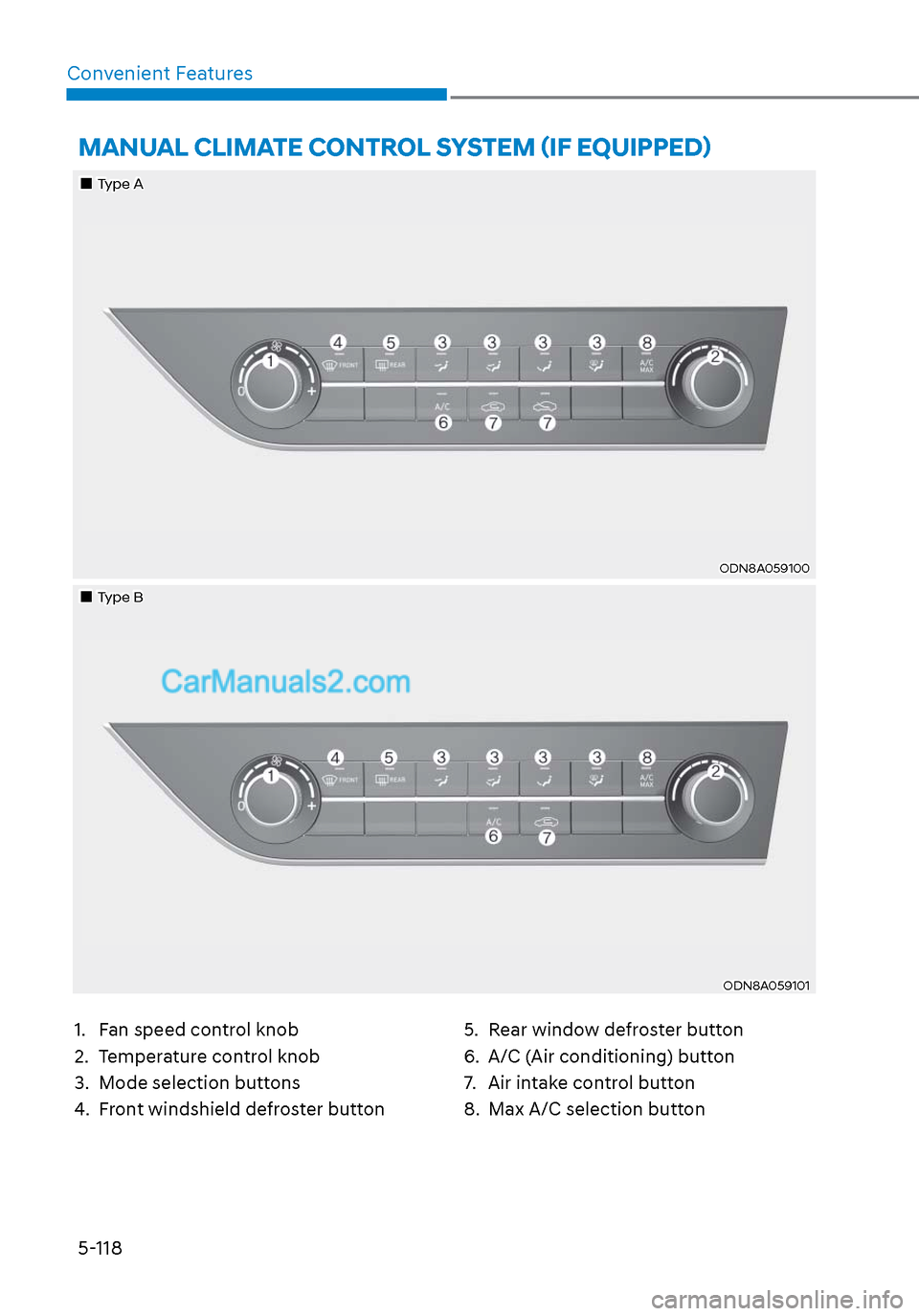 Hyundai Sonata 2020  Owners Manual 5-118
Convenient Features
1.  Fan speed control knob
2.  Temperature control knob
3.  Mode selection buttons
4.  Front windshield defroster button
5.  Rear window defroster button
6.  A/C (Air conditi