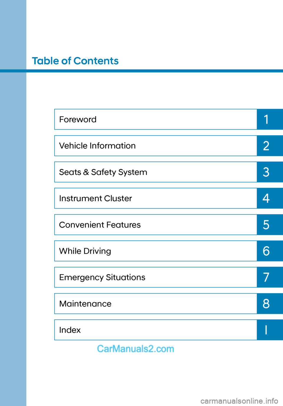 Hyundai Sonata 2020  Owners Manual I
8 7
6 5
4 32 1Index Maintenance Emergency Situations
While Driving Convenient Features
Instrument Cluster
Seats & Safety System Vehicle Information Foreword
Table of Contents   