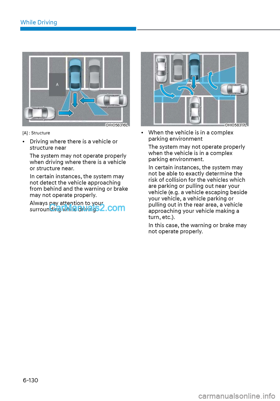 Hyundai Sonata 2020  Owners Manual While Driving6-130
OHI058316LOHI058316L
[A] : Structure
•  Driving where there is a vehicle or  structure near
The system may not operate properly 
when driving where there is a vehicle 
or structur