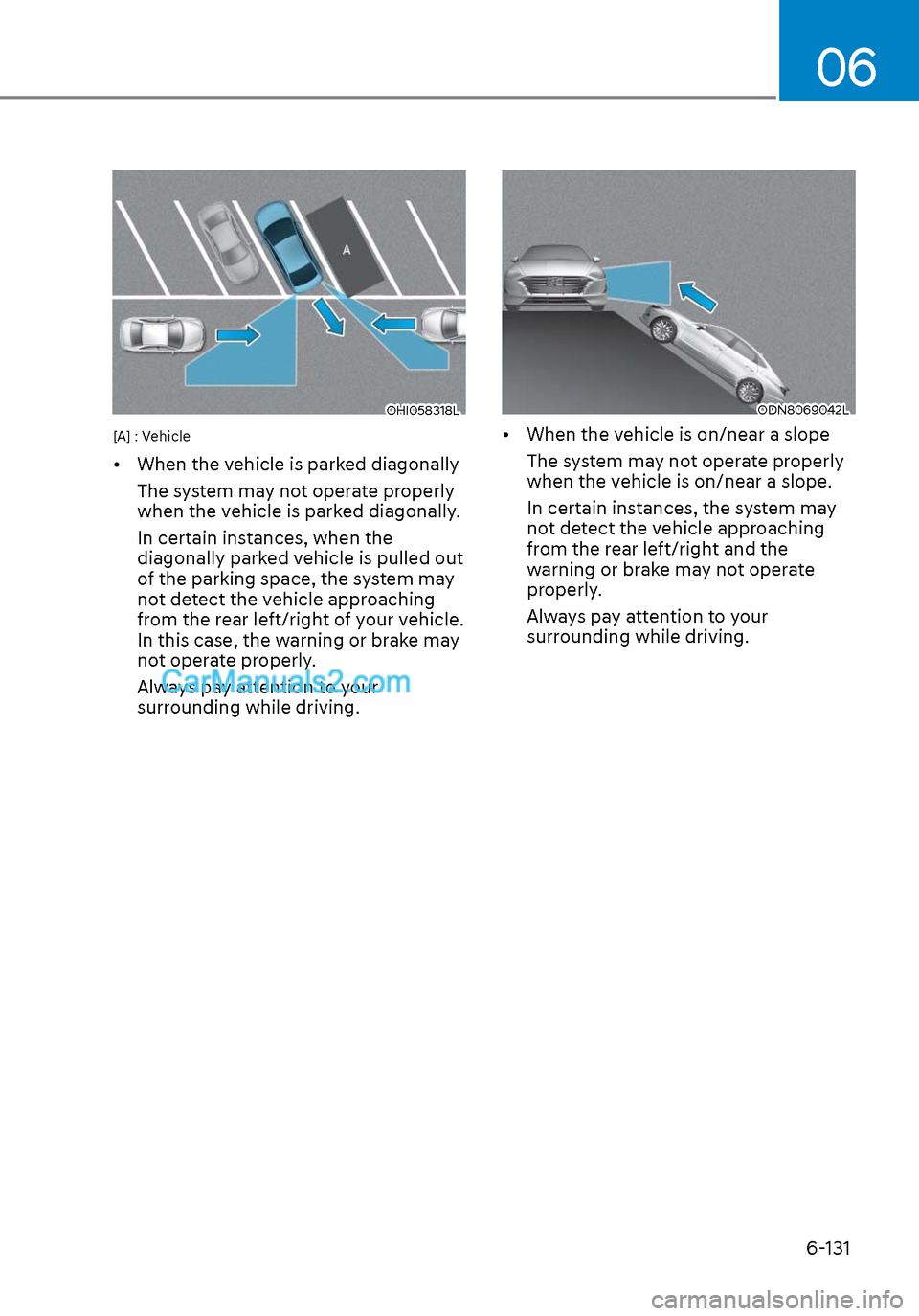 Hyundai Sonata 2020  Owners Manual 06
6-131
OHI058318LOHI058318L
[A] : Vehicle
•  When the vehicle is parked diagonallyThe system may not operate properly 
when the vehicle is parked diagonally.
In certain instances, when the 
diagon