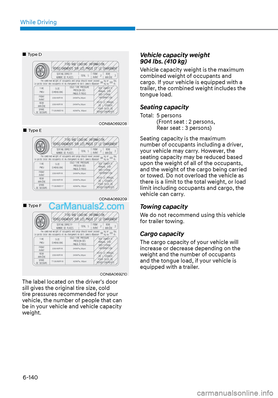 Hyundai Sonata 2020  Owners Manual While Driving6-140
ODN8A069208ODN8A069208
Type DType D
Type EType E
ODN8A069209ODN8A069209
Type FType F
ODN8A069210ODN8A069210
The label located on the drivers doo