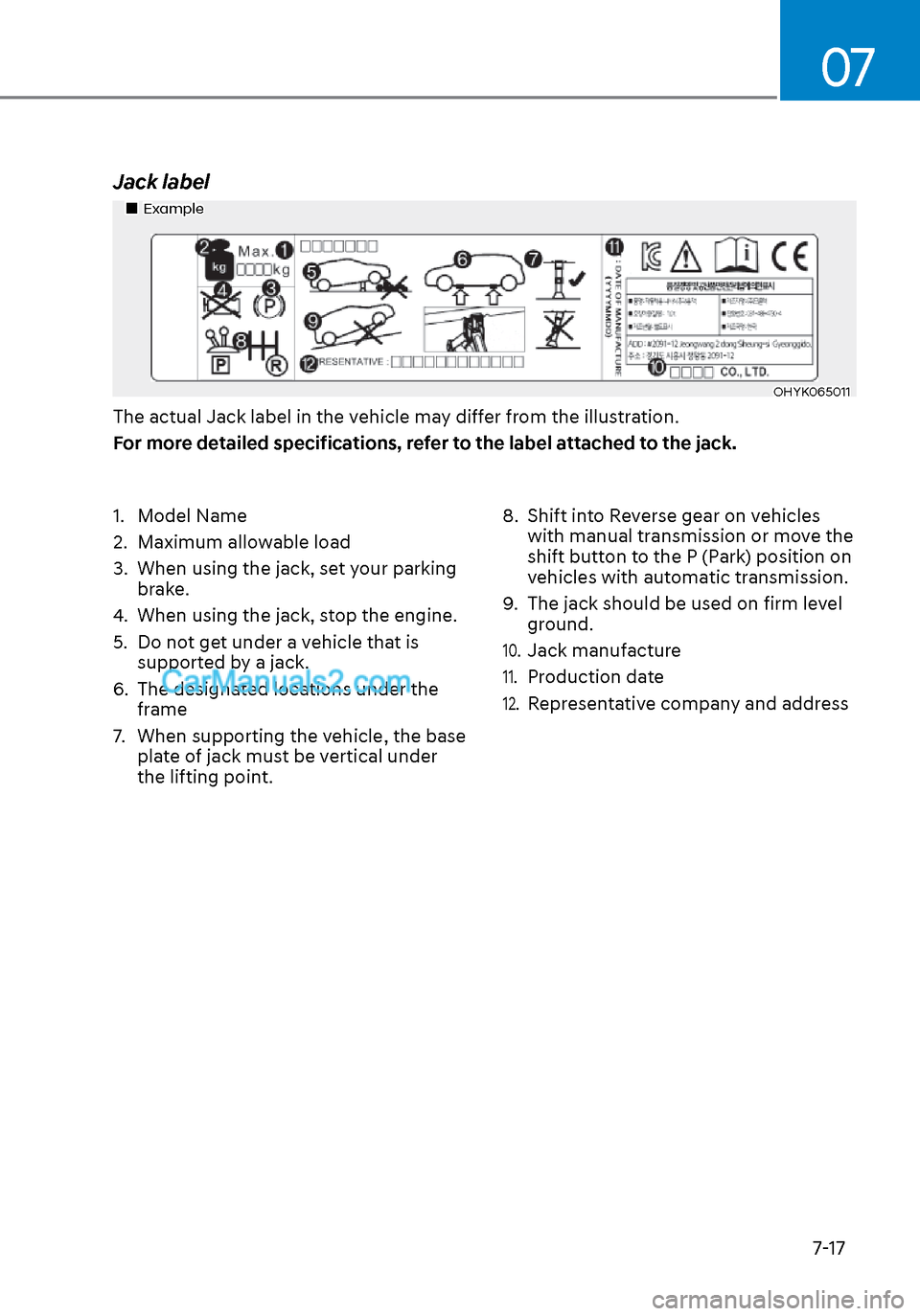 Hyundai Sonata 2020 Owners Manual 07
7-17
Jack label
ExampleExample
OHYK065011OHYK065011
The actual Jack label in the vehicle may differ from the illustration.
For more detailed specifications, refer to the label attached Hyundai Sonata 2020 Owners Manual 07
7-17
Jack label
ExampleExample
OHYK065011OHYK065011
The actual Jack label in the vehicle may differ from the illustration.
For more detailed specifications, refer to the label attached
