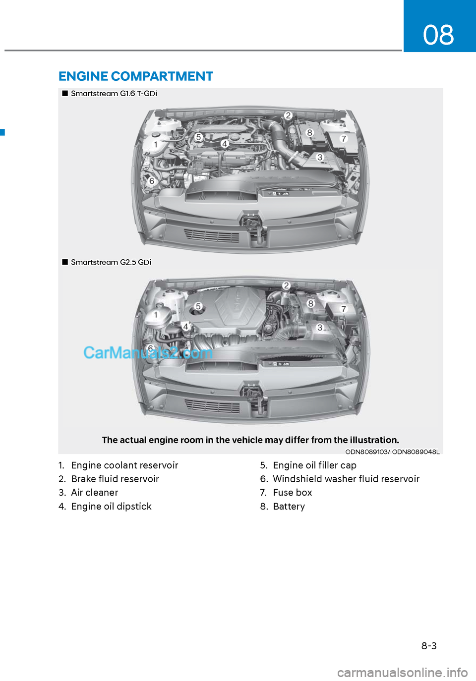 Hyundai Sonata 2020 Owners Manual 8-3
08
1. Engine coolant reservoir
2. Brake fluid reservoir
3. Air cleaner
4. Engine oil dipstick5. Engine oil filler cap
6. Windshield washer fluid reservoir
7. Fuse box
8. Battery
ENGINE COMPA Hyundai Sonata 2020 Owners Manual 8-3
08
1. Engine coolant reservoir
2. Brake fluid reservoir
3. Air cleaner
4. Engine oil dipstick5. Engine oil filler cap
6. Windshield washer fluid reservoir
7. Fuse box
8. Battery
ENGINE COMPA