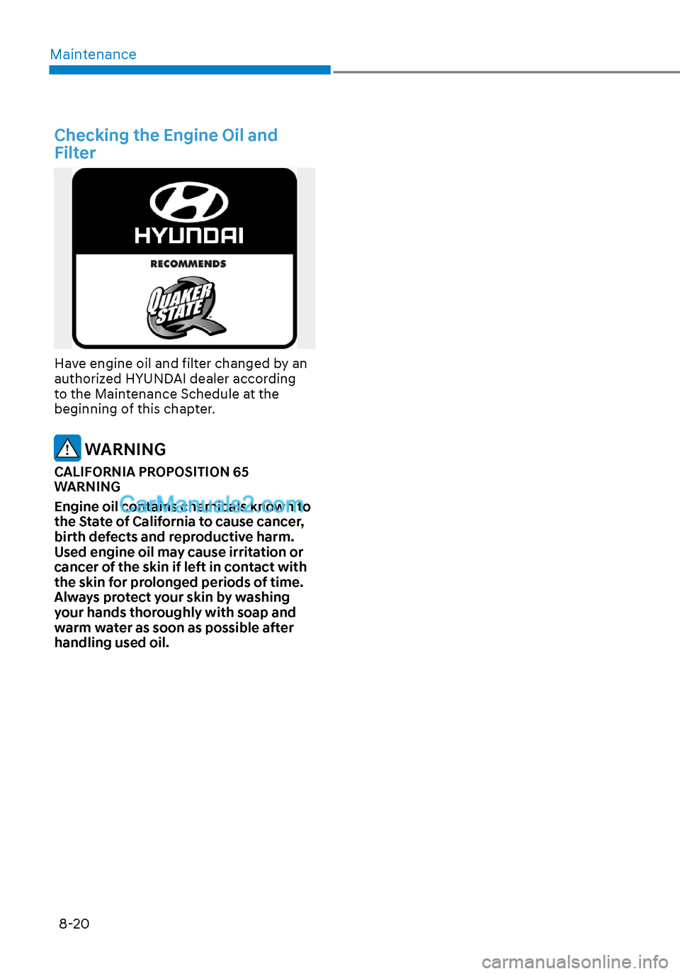 Hyundai Sonata 2020 Owners Manual Maintenance8-20
Checking the Engine Oil and
Filter
Have engine oil and filter changed by an
authorized HYUNDAI dealer according
to the Maintenance Schedule at the
beginning of this chapter.
WARNI Hyundai Sonata 2020 Owners Manual Maintenance8-20
Checking the Engine Oil and
Filter
Have engine oil and filter changed by an
authorized HYUNDAI dealer according
to the Maintenance Schedule at the
beginning of this chapter.
WARNI