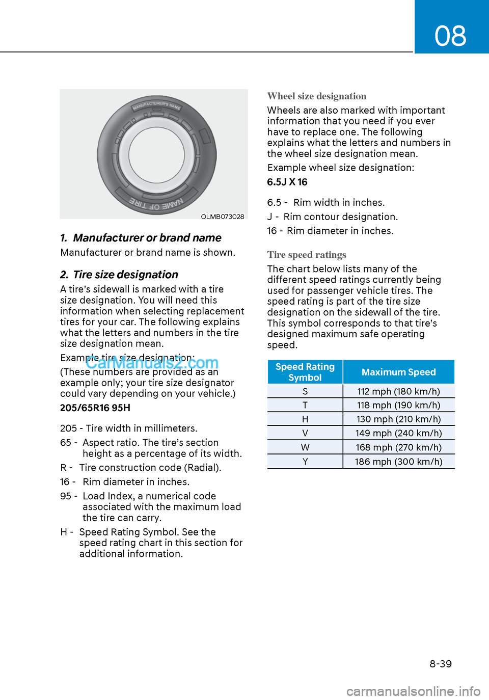 Hyundai Sonata 2020 Repair Manual 08
8-39
OLMB073028OLMB073028
1.  Manufacturer or brand name
Manufacturer or brand name is shown.
2.  Tire size designation
A tire’s sidewall is marked with a tire 
size designation. You will need th