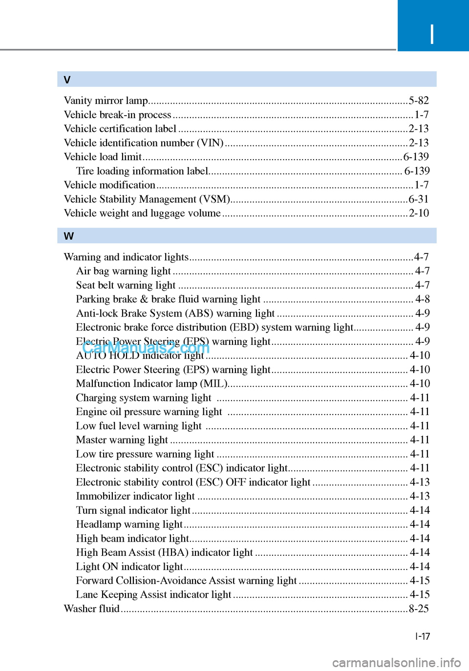 Hyundai Sonata 2020 Owners Guide I
I-17
V
Vanity mirror lamp ........................................................................\
....................... 5-82
Vehicle break-in process ............................................