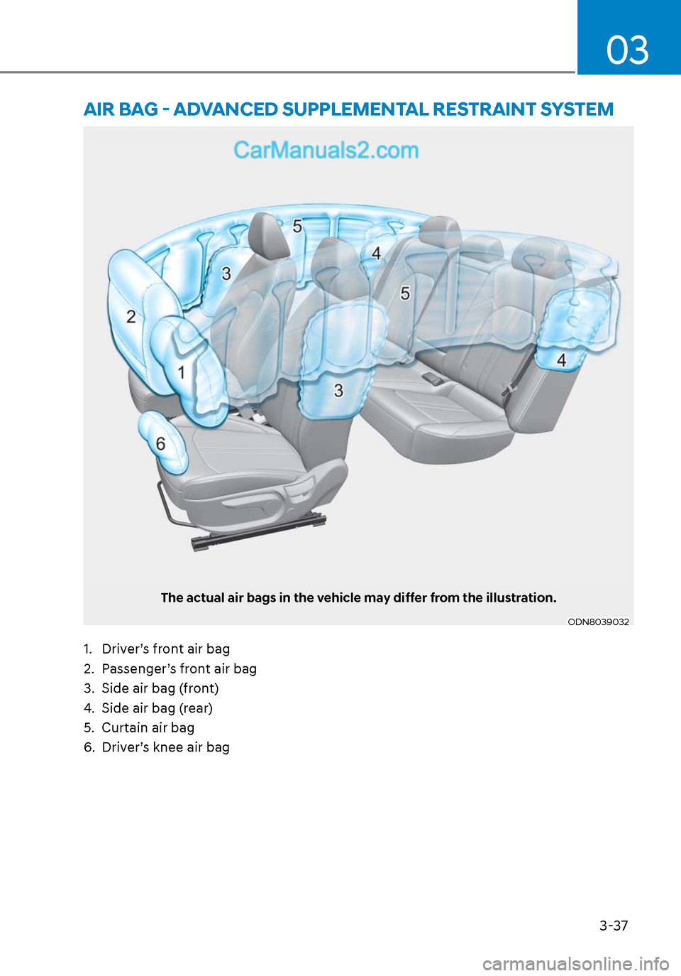 Hyundai Sonata 2020 Repair Manual 3-37
03
AIR BAG - ADVANCED SUPPLEMENTAL RESTRAINT SYSTEM
The actual air bags in the vehicle may differ from the illustration.
ODN8039032ODN8039032
1. Driver’s front air bag
2. Passenger’s front Hyundai Sonata 2020 Repair Manual 3-37
03
AIR BAG - ADVANCED SUPPLEMENTAL RESTRAINT SYSTEM
The actual air bags in the vehicle may differ from the illustration.
ODN8039032ODN8039032
1. Driver’s front air bag
2. Passenger’s front