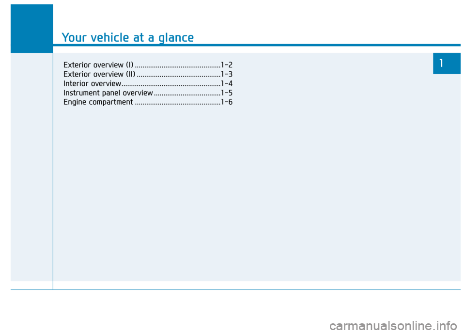 Hyundai Sonata 2019 User Guide Your vehicle at a glance
1
Your vehicle at a glance
1Exterior overview (I) .............................................1-2
Exterior overview (II) ............................................1-3
Inter