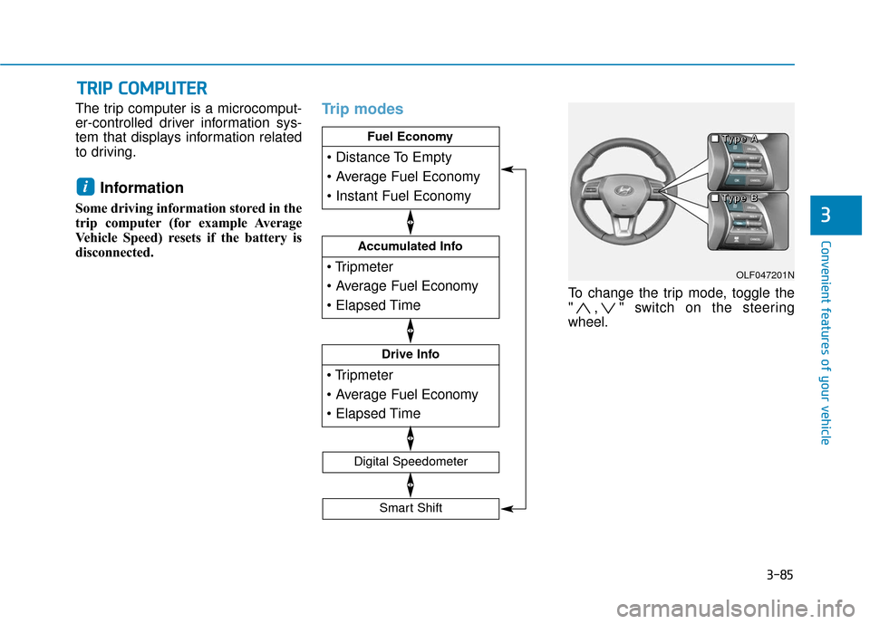 Hyundai Sonata 2019 Owners Manual 3-85
Convenient features of your vehicle
The trip computer is a microcomput-
er-controlled driver information sys-
tem that displays information related
to driving.
Information
Some driving informati Hyundai Sonata 2019 Owners Manual 3-85
Convenient features of your vehicle
The trip computer is a microcomput-
er-controlled driver information sys-
tem that displays information related
to driving.
Information
Some driving informati