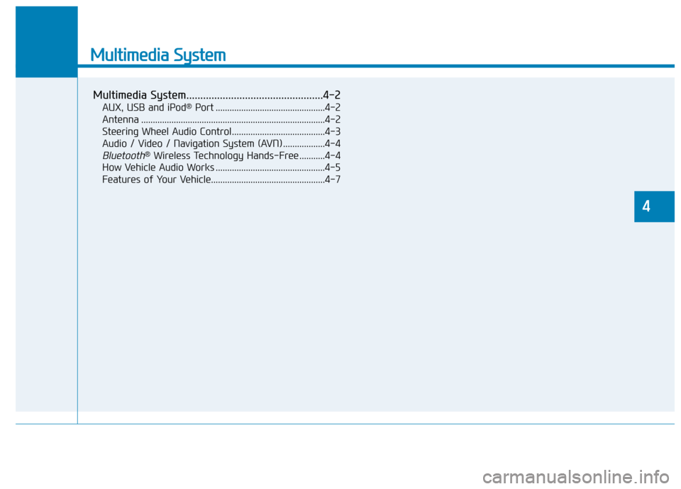Hyundai Sonata 2019 Owners Manual Multimedia System
Multimedia System.................................................4-2
AUX, USB and iPod®Port ...............................................4-2
Antenna ............................. Hyundai Sonata 2019 Owners Manual Multimedia System
Multimedia System.................................................4-2
AUX, USB and iPod®Port ...............................................4-2
Antenna .............................