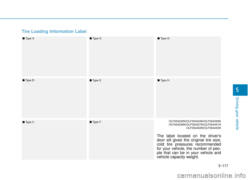 Hyundai Sonata 2019  Owners Manual 5-117
Driving your vehicle
5
Tire Loading Information Label
OLF054233N/OLF054234N/OLF054235N
OLF054236N/OLF054237N/OLF054451NOLF054452N/OLF054453N
■ Type A■ Type D
■ Type E
■ Type G
■ Type H