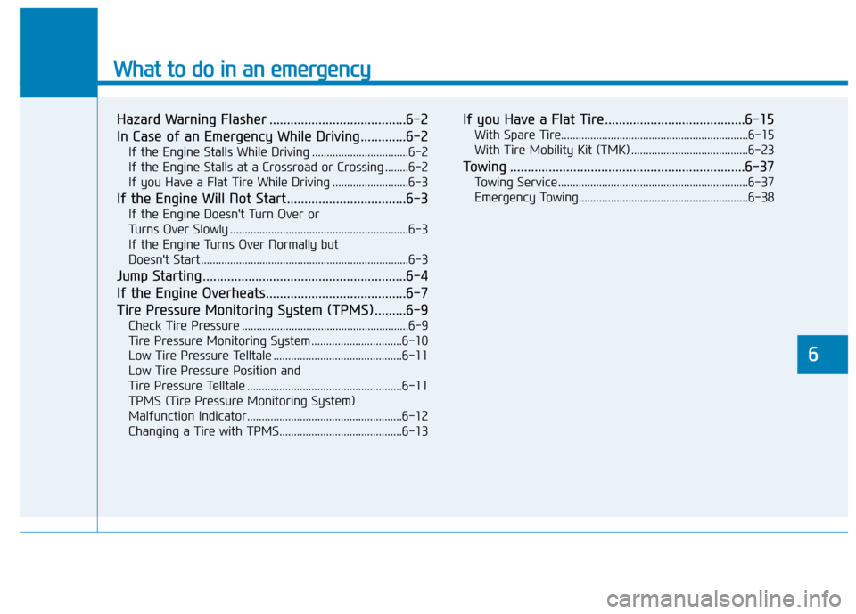 Hyundai Sonata 2019  Owners Manual What to do in an emergency
6
Hazard Warning Flasher .......................................6-2
In Case of an Emergency While Driving.............6-2
If the Engine Stalls While Driving ................