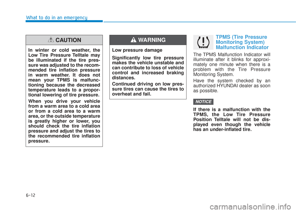 Hyundai Sonata 2019  Owners Manual 6-12
What to do in an emergency
TPMS (Tire Pressure
Monitoring System)
Malfunction Indicator
The TPMS Malfunction Indicator will
illuminate after it blinks for approxi-
mately one minute when there is