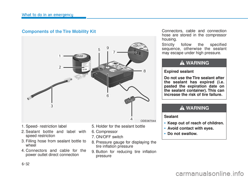 Hyundai Sonata 2019 Owners Manual 6-32
1. Speed- restriction label
2. Sealant bottle and label withspeed restriction
3. Filling hose from sealant bottle to wheel
4. Connectors and cable for the power outlet direct connection 5. Holder Hyundai Sonata 2019 Owners Manual 6-32
1. Speed- restriction label
2. Sealant bottle and label withspeed restriction
3. Filling hose from sealant bottle to wheel
4. Connectors and cable for the power outlet direct connection 5. Holder