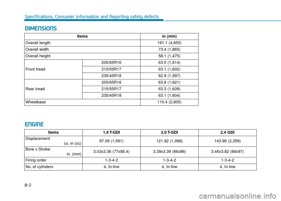 Hyundai Sonata 2019  Owners Manual D
DI
IM
M E
EN
N S
SI
IO
O N
NS
S
8-2
Specifications, Consumer information and Reporting safety defects
E
EN
N G
GI
IN
N E
E
Itemsin (mm)
Overall length191.1 (4,855)
Overall width73.4 (1,865)
Overall 