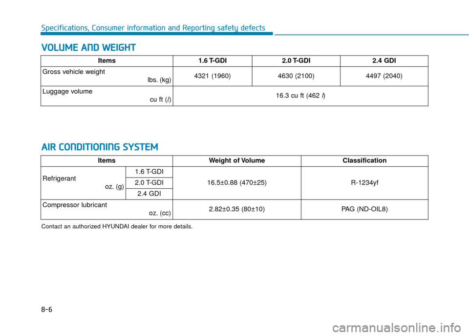 Hyundai Sonata 2019  Owners Manual 8-6
Specifications, Consumer information and Reporting safety defects
V
VO
O L
LU
U M
M E
E 
 A
A N
N D
D 
 W
W E
EI
IG
G H
H T
T
A
A I
IR
R  
 C
C O
O N
ND
DI
IT
T I
IO
O N
NI
IN
N G
G 
 S
S Y
Y S
ST