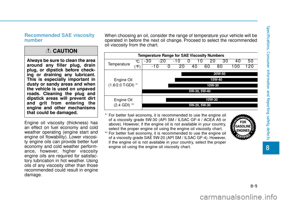 Hyundai Sonata 2019 Owners Manual 8-9
88
Specifications, Consumer information and Reporting safety defects
Recommended SAE viscosity
number
Engine oil viscosity (thickness) has
an effect on fuel economy and cold
weather operating (en Hyundai Sonata 2019 Owners Manual 8-9
88
Specifications, Consumer information and Reporting safety defects
Recommended SAE viscosity
number
Engine oil viscosity (thickness) has
an effect on fuel economy and cold
weather operating (en