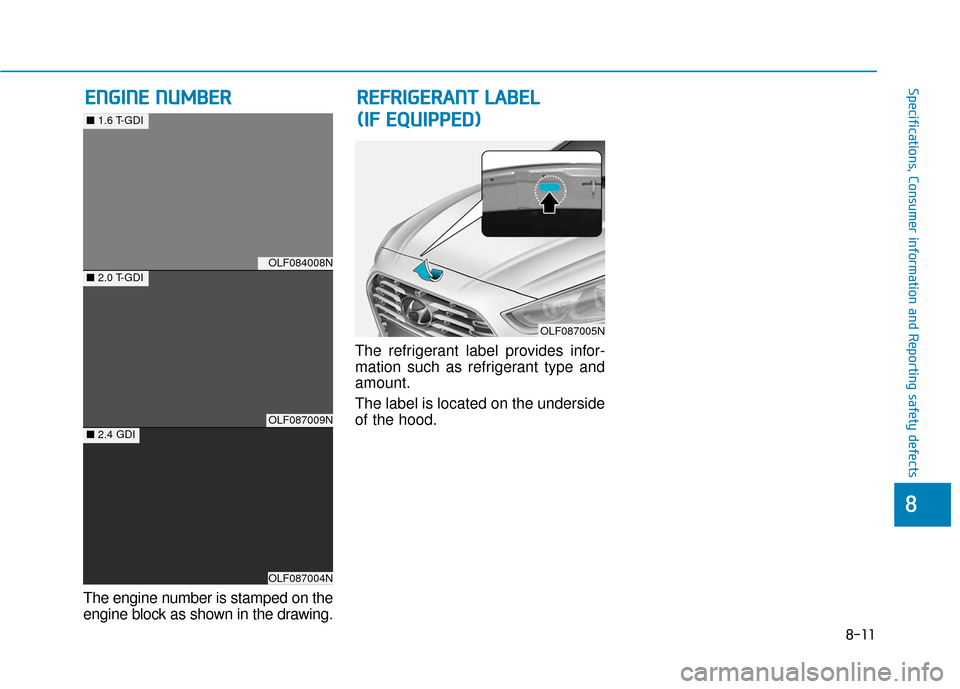 Hyundai Sonata 2019  Owners Manual 8-11
88
Specifications, Consumer information and Reporting safety defects
The engine number is stamped on the
engine block as shown in the drawing.The refrigerant label provides infor-
mation such as 