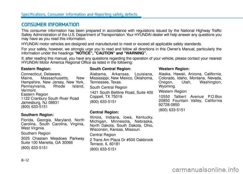 Hyundai Sonata 2019 Owners Manual 8-12
Specifications, Consumer information and Reporting safety defects
Eastern Region:
Connecticut, Delaware,
Maine, Massachusetts, New
Hampshire, New Jersey, New York,
Pennsylvania, Rhode Island,
Ver Hyundai Sonata 2019 Owners Manual 8-12
Specifications, Consumer information and Reporting safety defects
Eastern Region:
Connecticut, Delaware,
Maine, Massachusetts, New
Hampshire, New Jersey, New York,
Pennsylvania, Rhode Island,
Ver