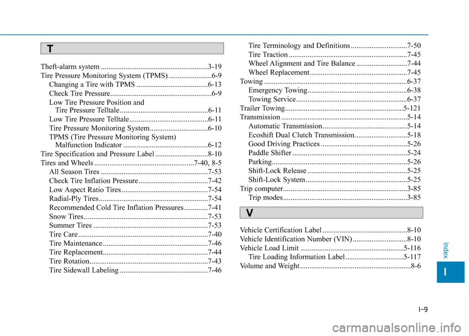 Hyundai Sonata 2019 Owners Manual I-9
Theft-alarm system .........................................................3-19
Tire Pressure Monitoring System (TPMS) .......................6-9Changing a Tire with TPMS ........................ Hyundai Sonata 2019 Owners Manual I-9
Theft-alarm system .........................................................3-19
Tire Pressure Monitoring System (TPMS) .......................6-9Changing a Tire with TPMS ........................