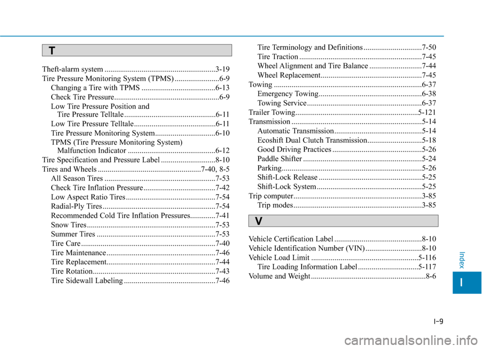 Hyundai Sonata 2019 Service Manual I-9
Theft-alarm system .........................................................3-19
Tire Pressure Monitoring System (TPMS) .......................6-9Changing a Tire with TPMS ........................